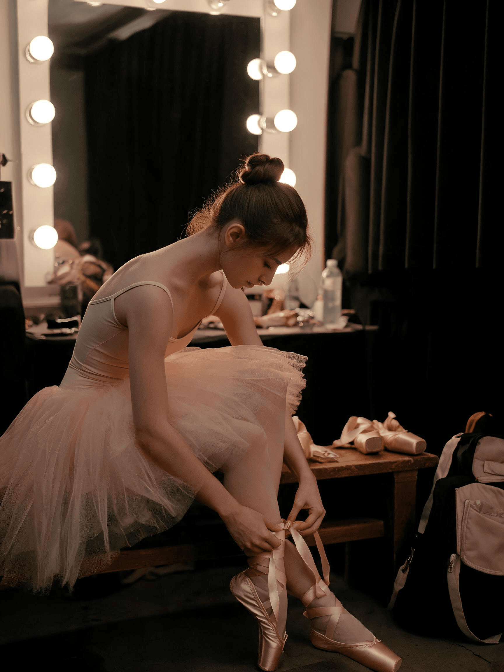 AI image β ballerina backstage tying her shoes
