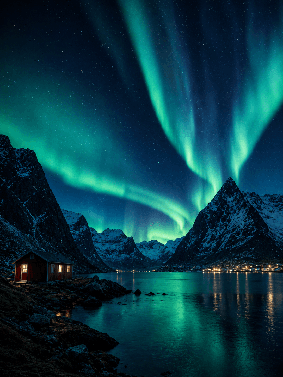 AI image β northern lights over snowy mountains