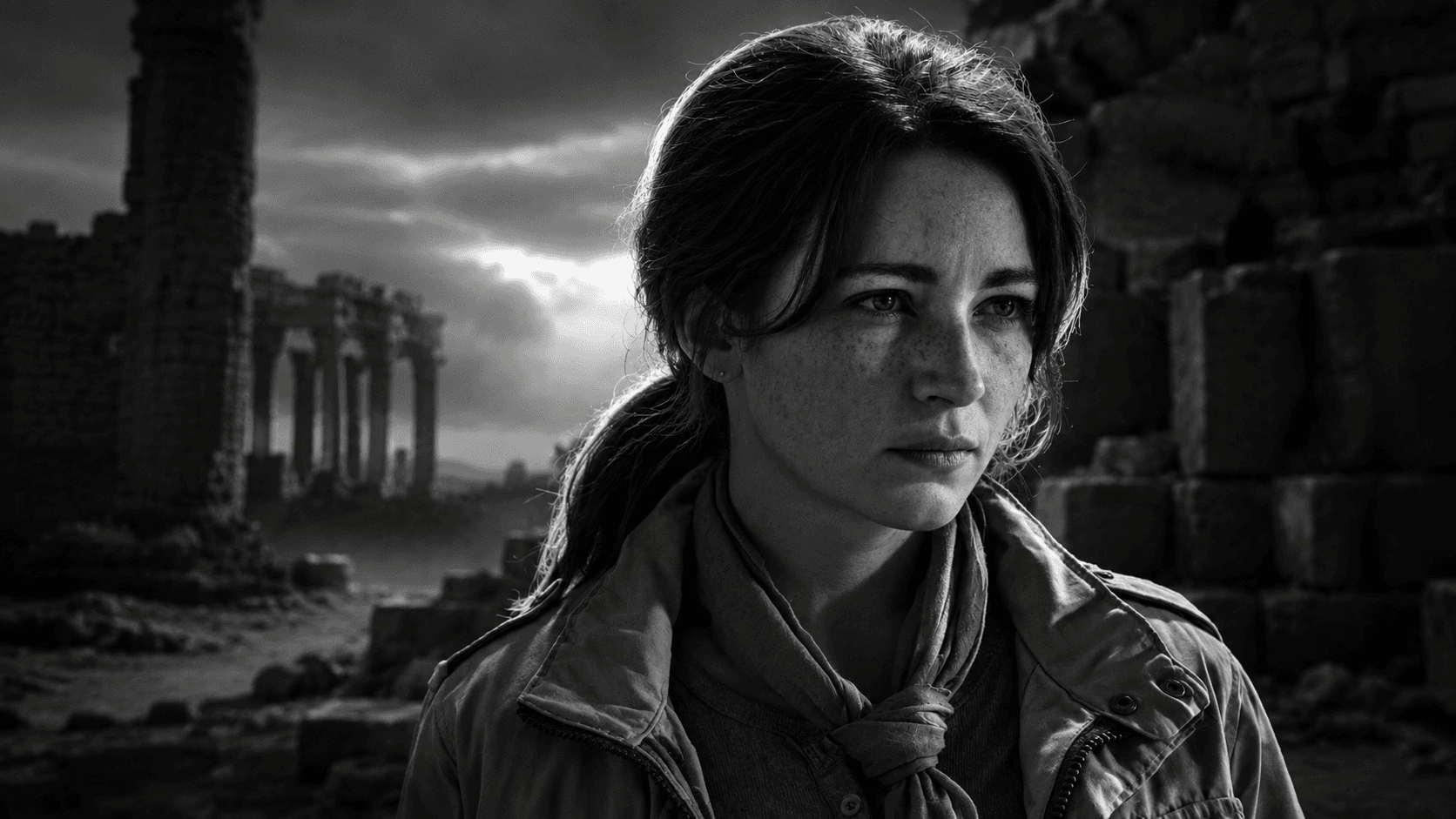 Same AI character in film-noir style, identity locked