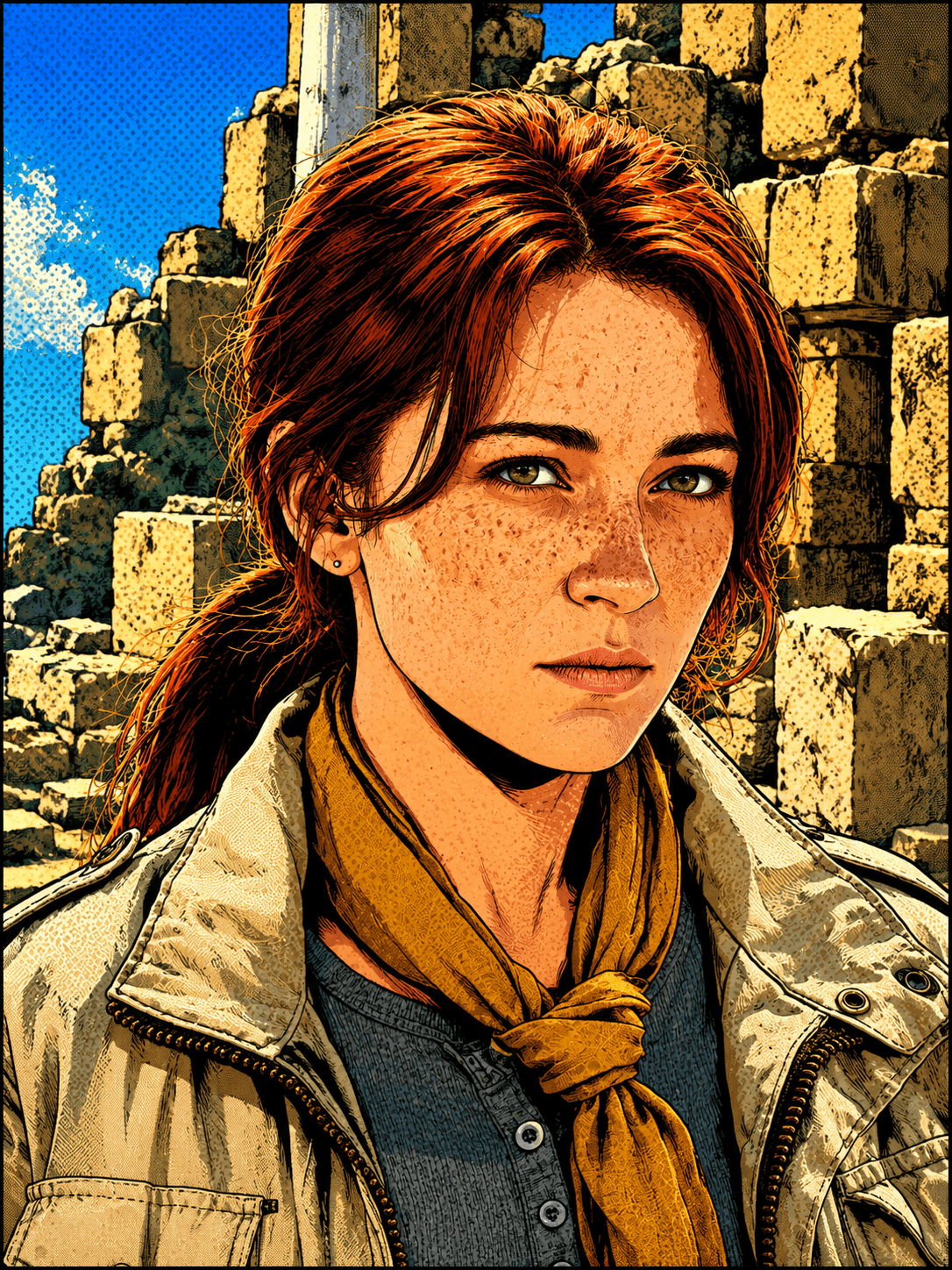 Same consistent character in comic-book style