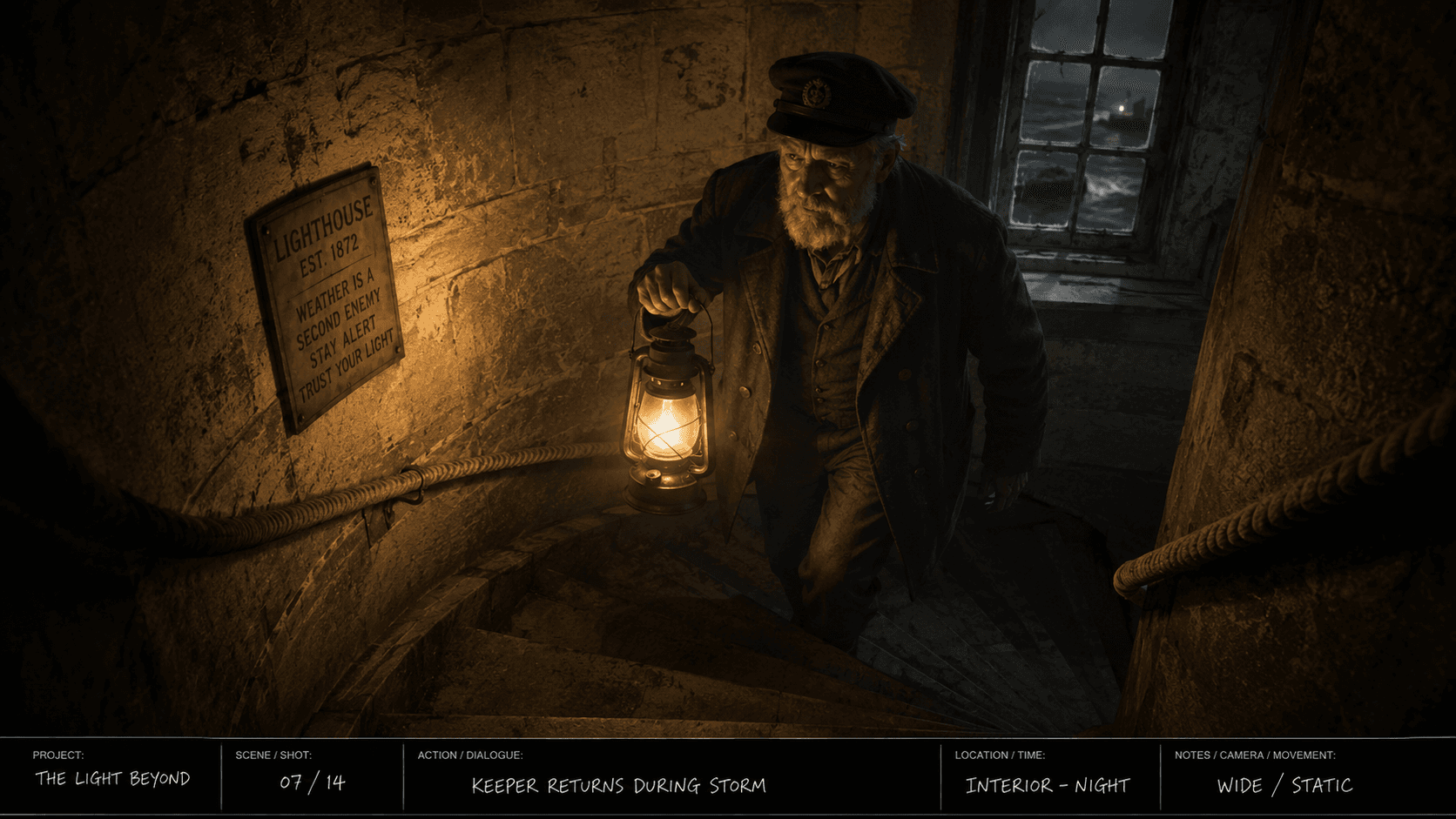 Lighthouse interior at dawn β the establishing frame