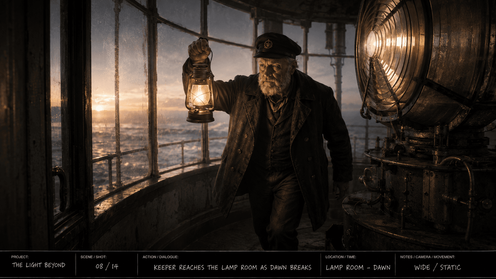 An old keeper climbs the spiral stairs with a lantern