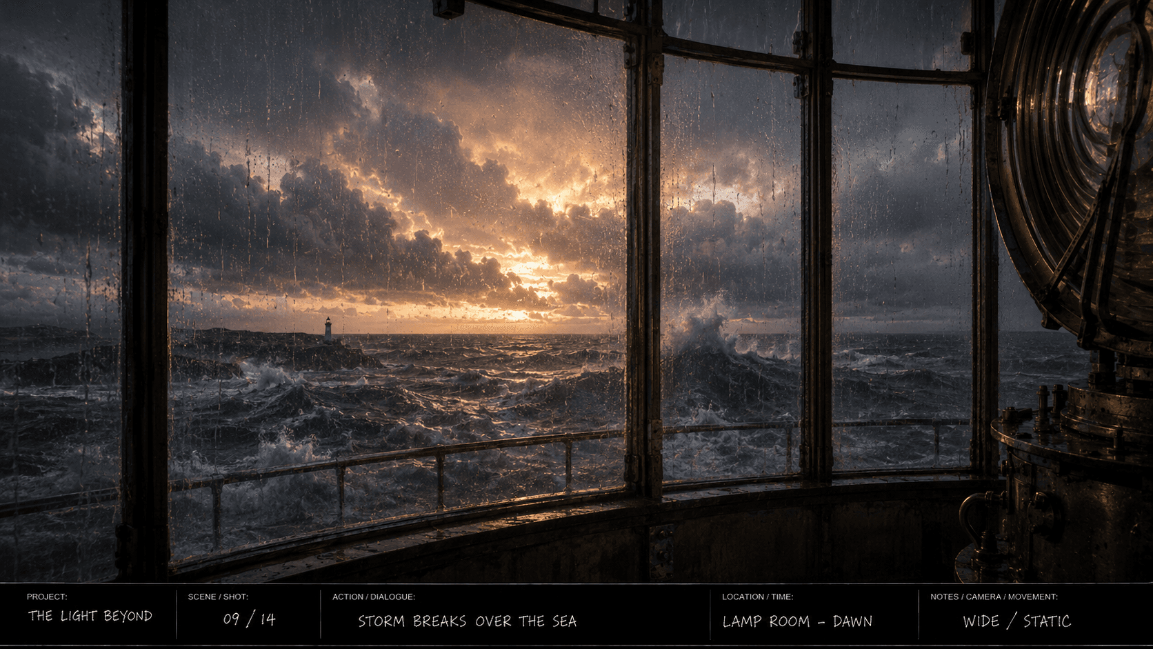 Through the lighthouse glass, the storm breaks
