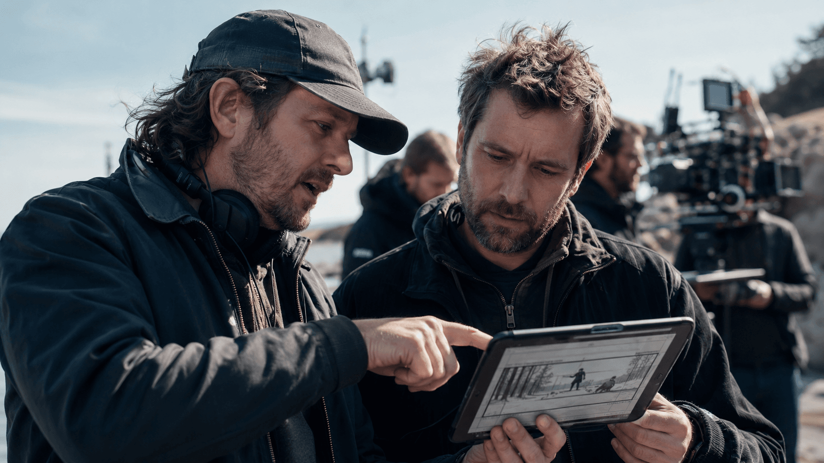 Director and cinematographer reviewing a storyboard on set