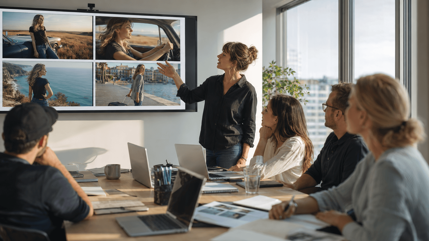Agency team presenting a storyboard to a client