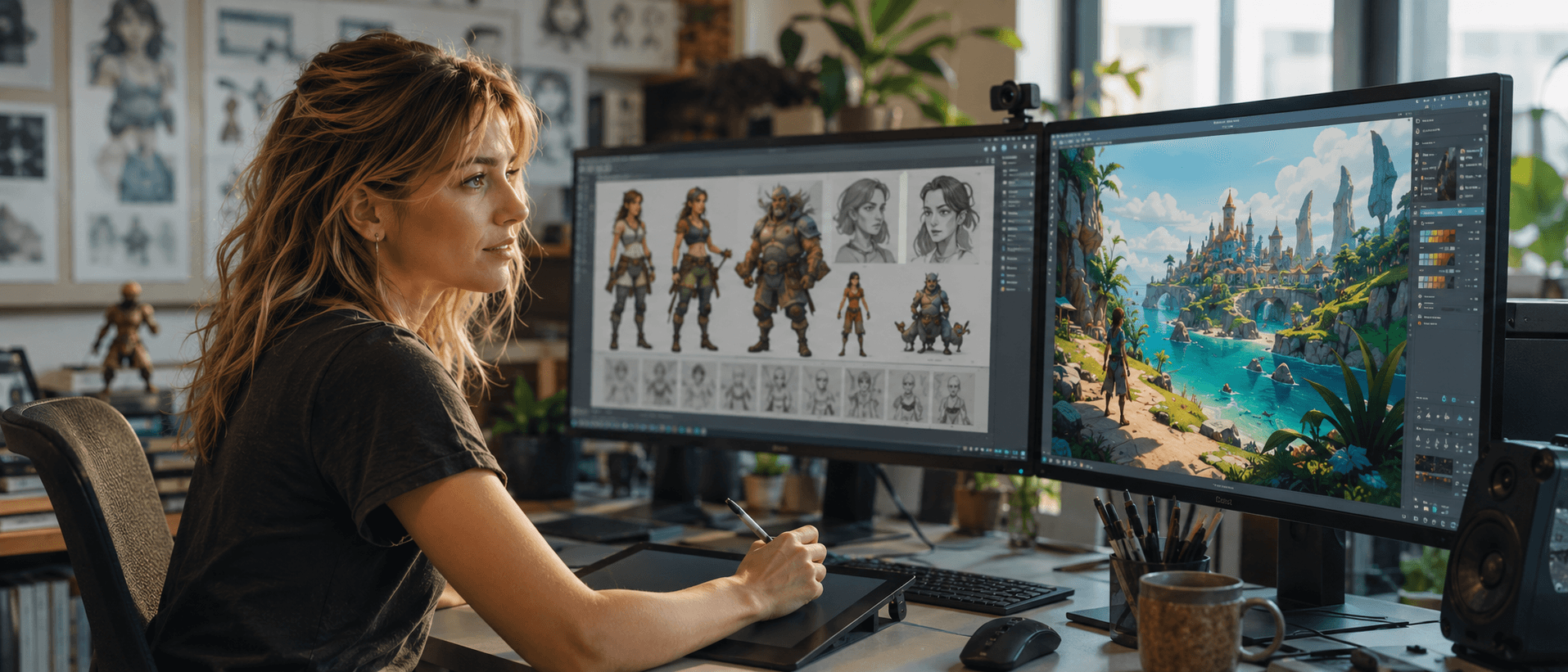 Game artist laying out cutscenes with a storyboard