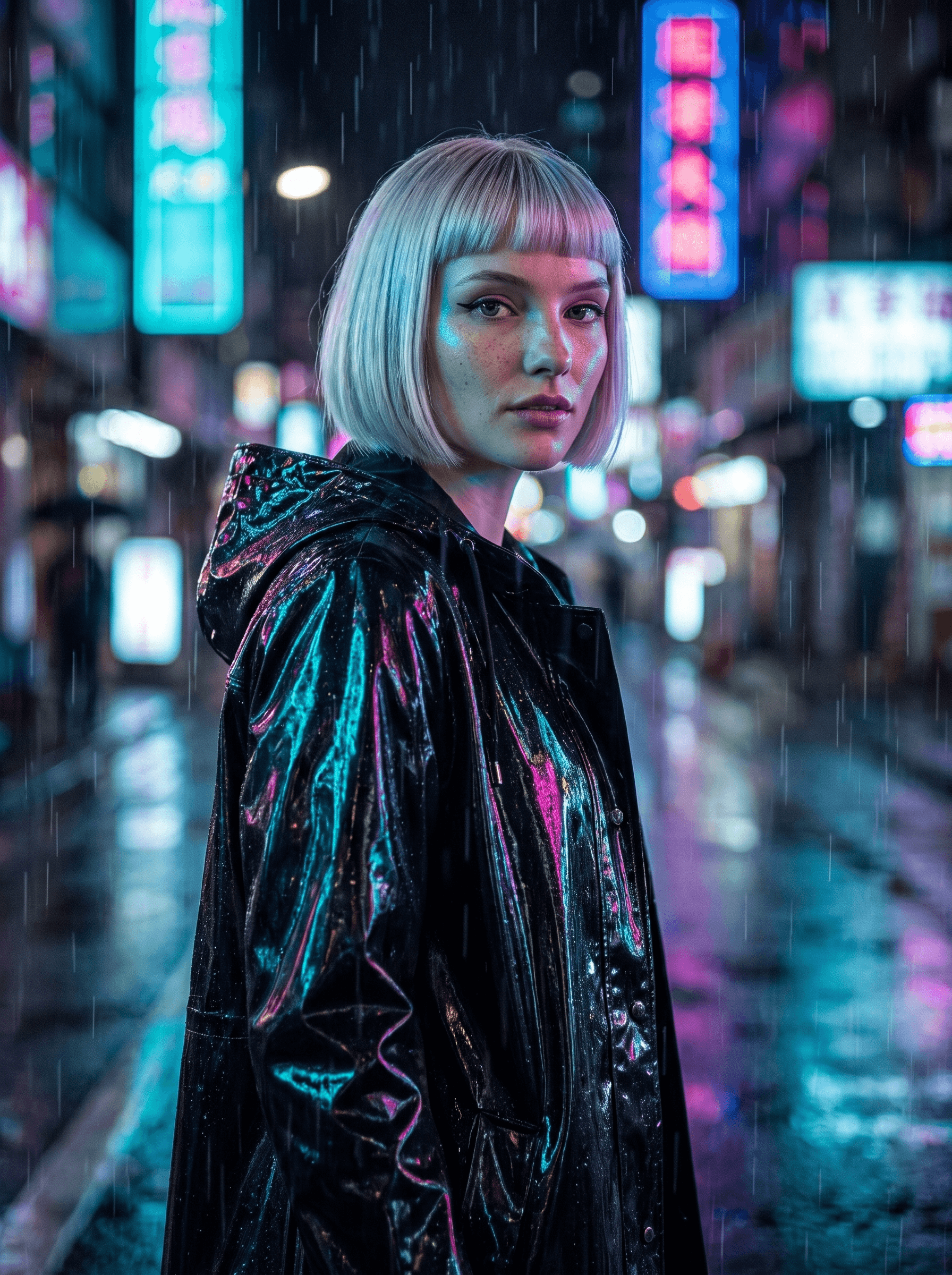 The same character in a rainy neon city