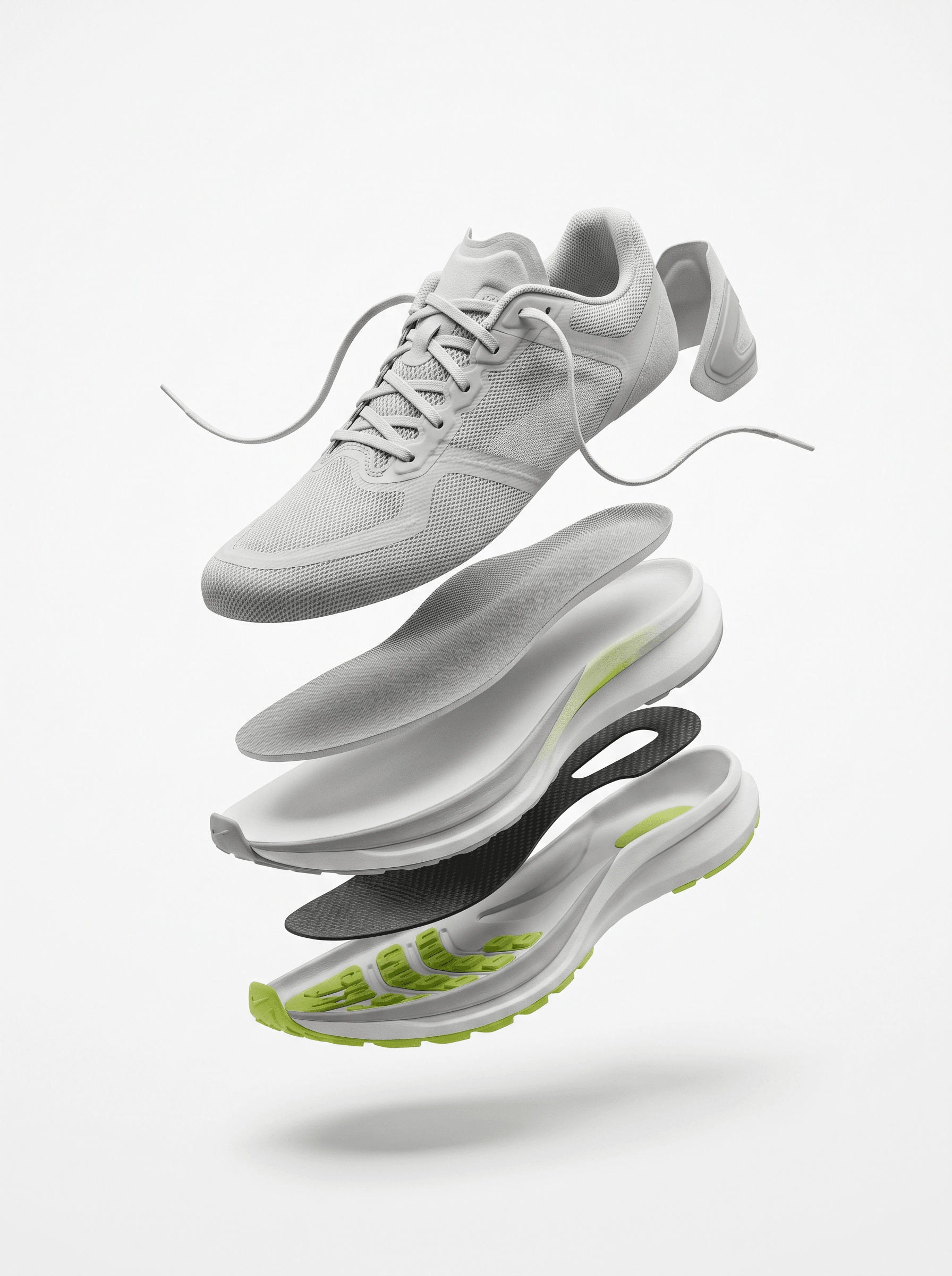 Exploded view of a running sneaker floating in a white studio