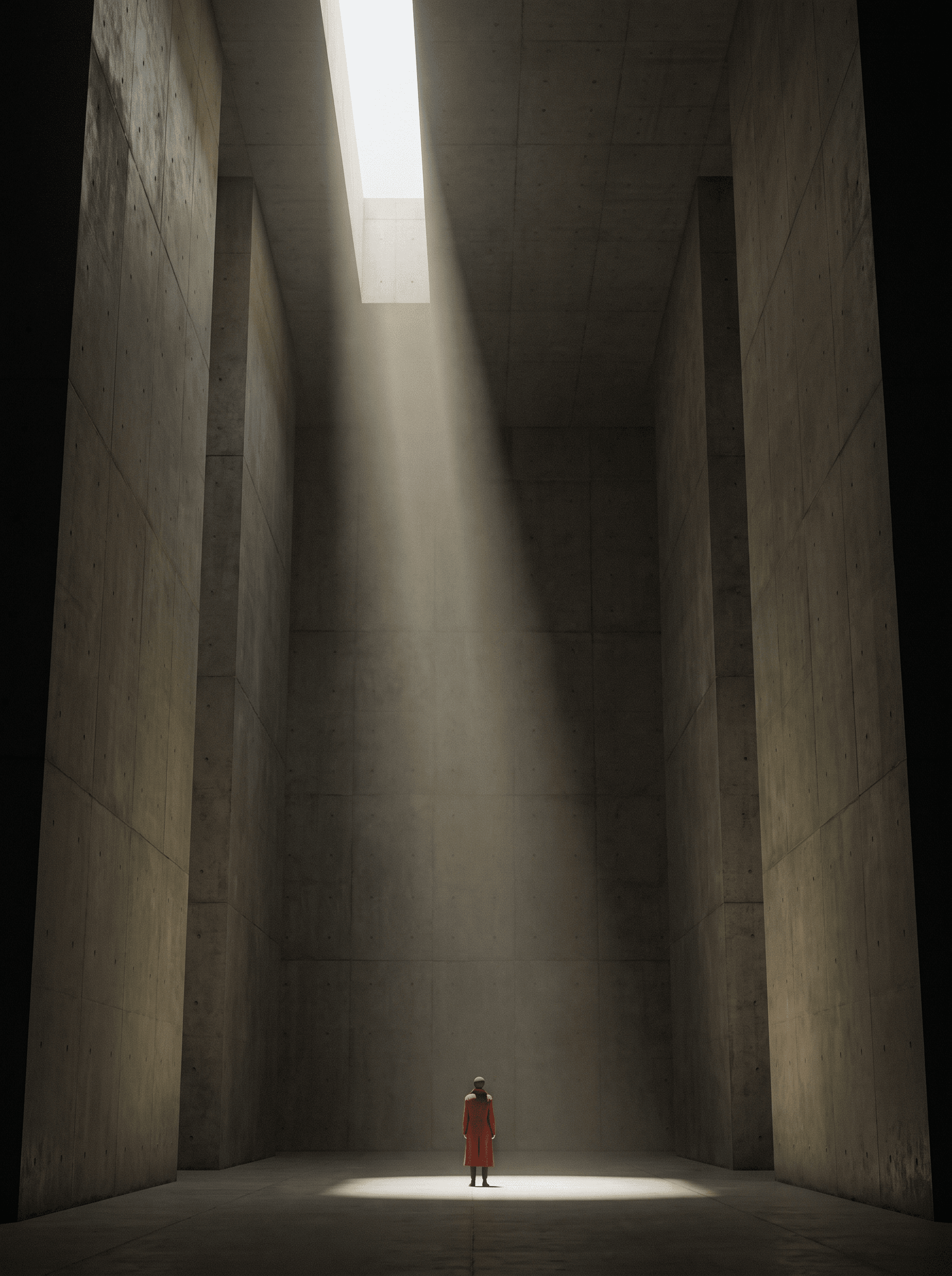 Lone figure in a red coat under a beam of light in a vast concrete hall