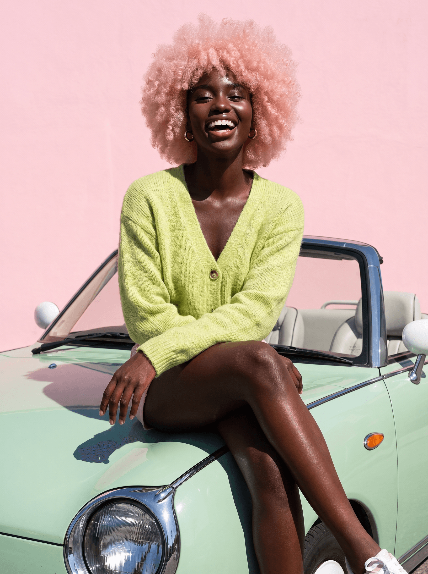 Character with pink curly hair on a vintage mint convertible