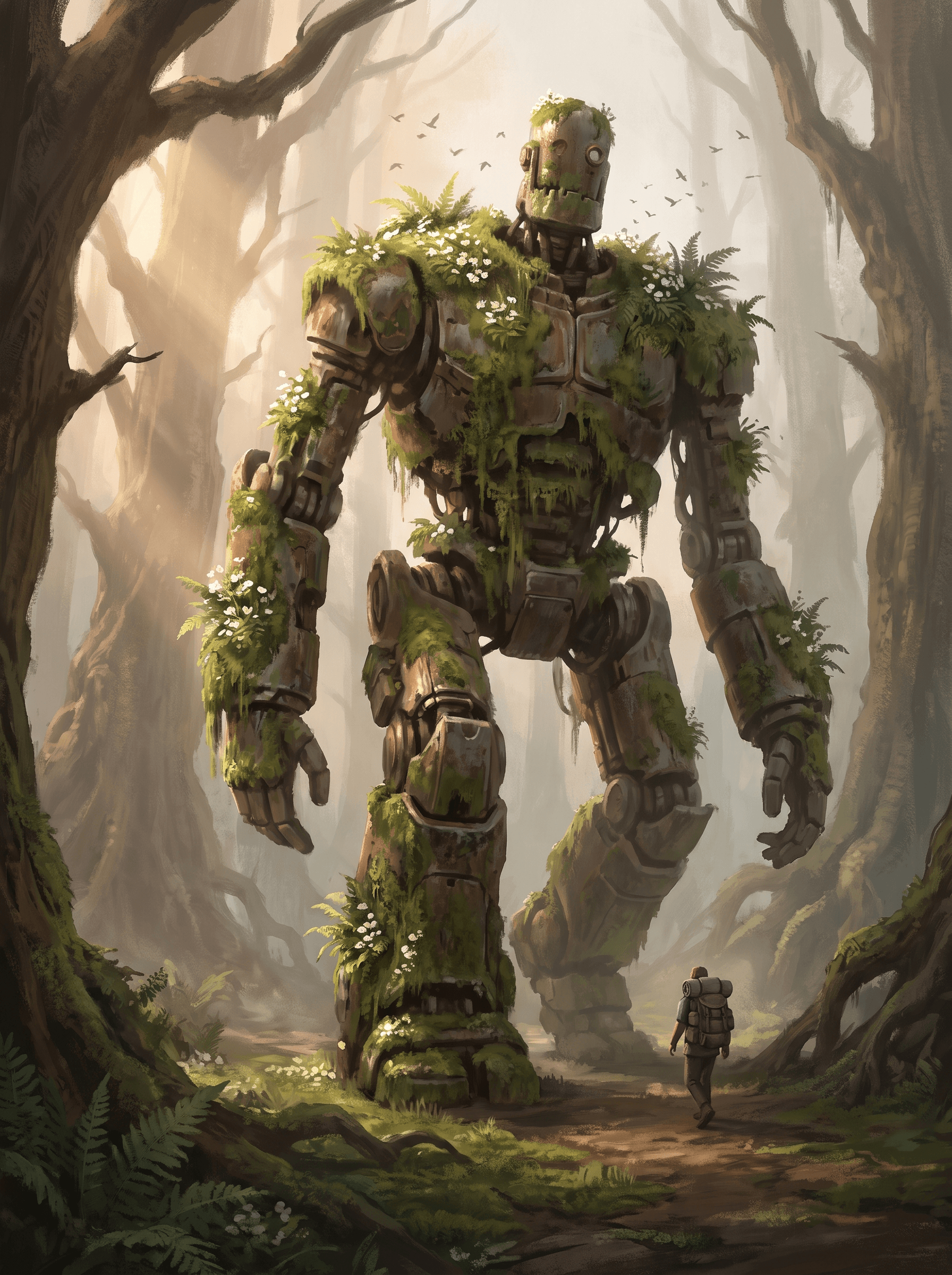 Concept art of a giant moss-covered robot walking through a misty forest