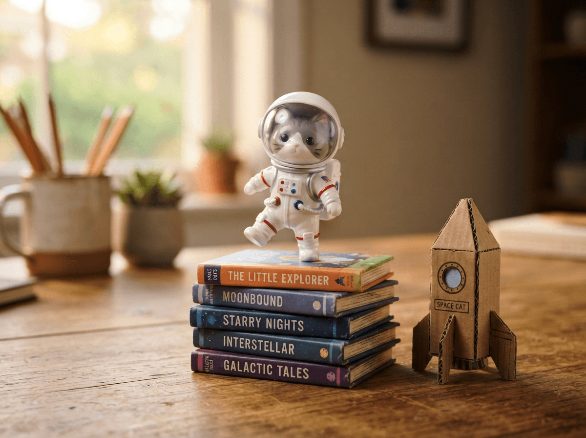 Astronaut cat figurine on a stack of books, made with Nano Banana Lite