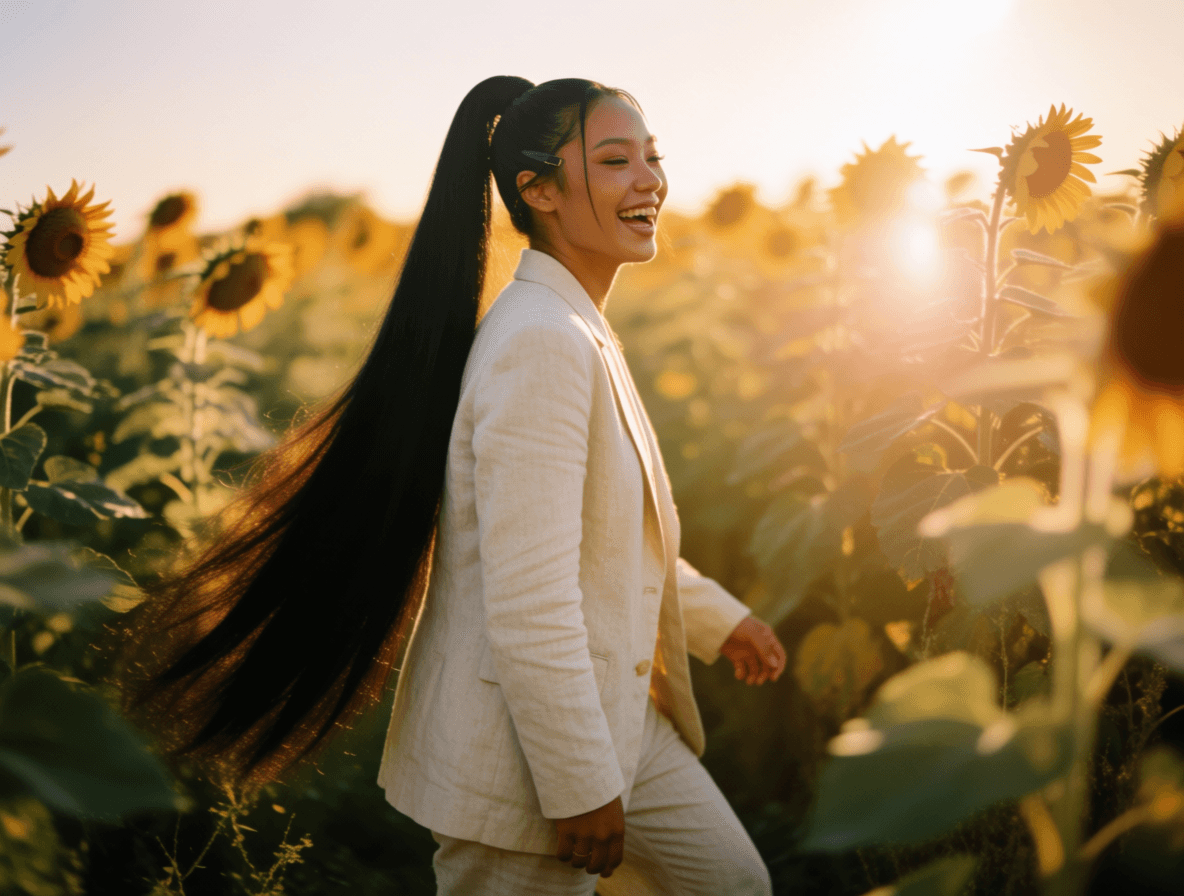 Woman with a long ponytail in a sunflower field on film, made with Krea V2 Medium