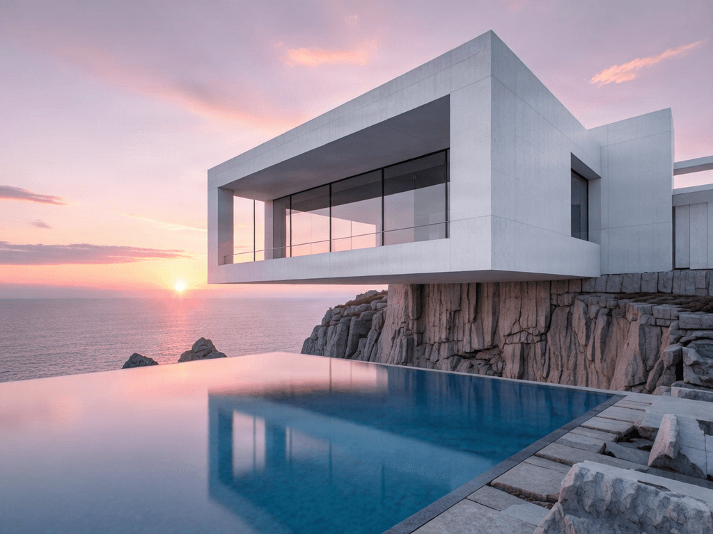 White villa over a sea cliff at sunrise, made with FIBO 1.5