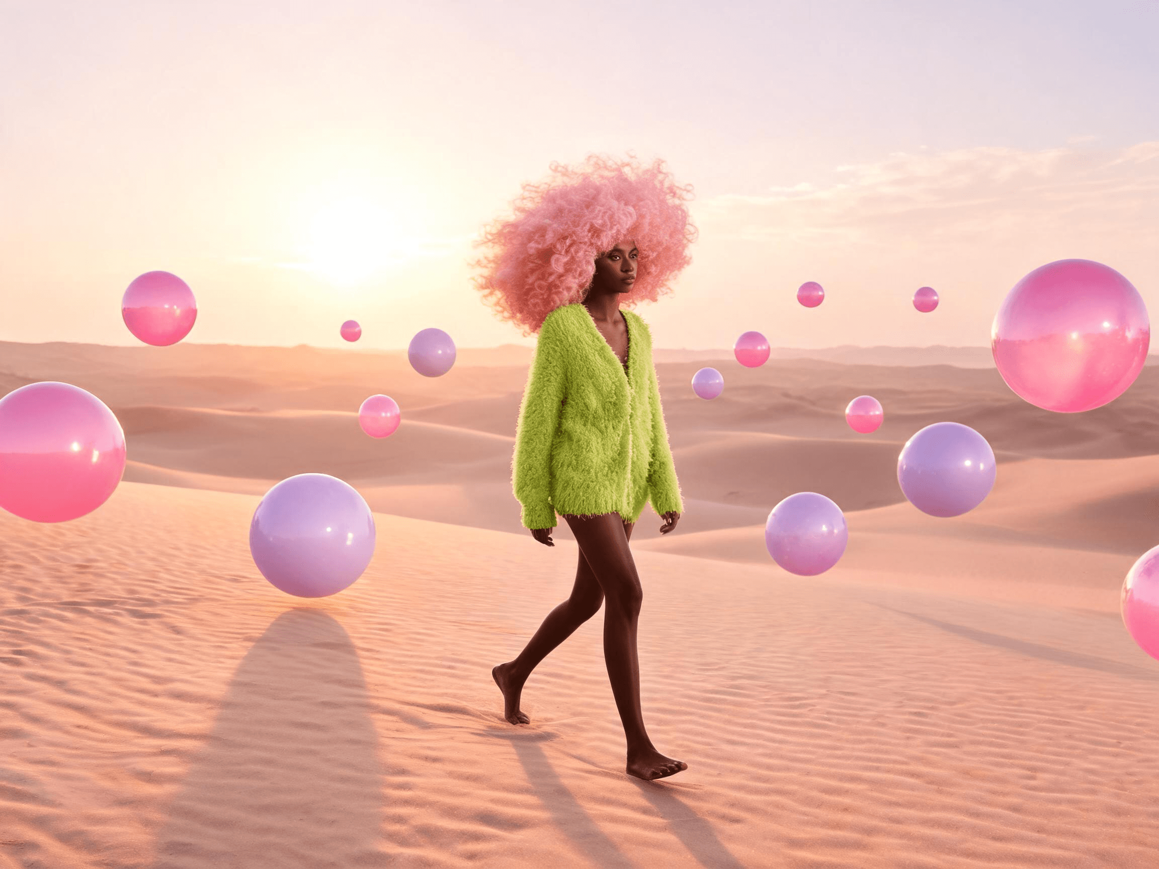 Woman with pink curls in a pastel desert of floating spheres, made with Seedream 5.0