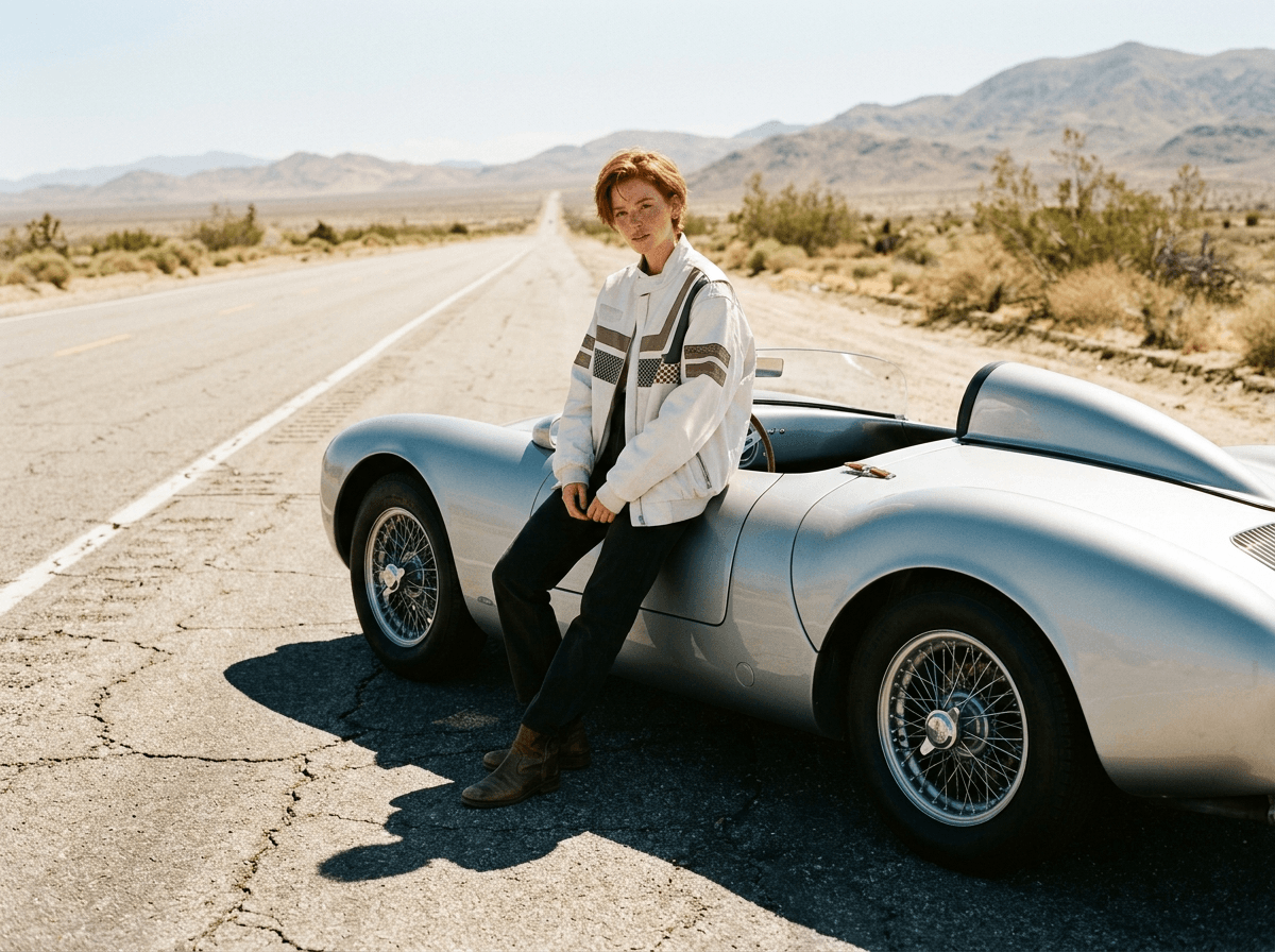 Red-haired woman by a vintage race car on a desert road, made with Nano Banana 2.1