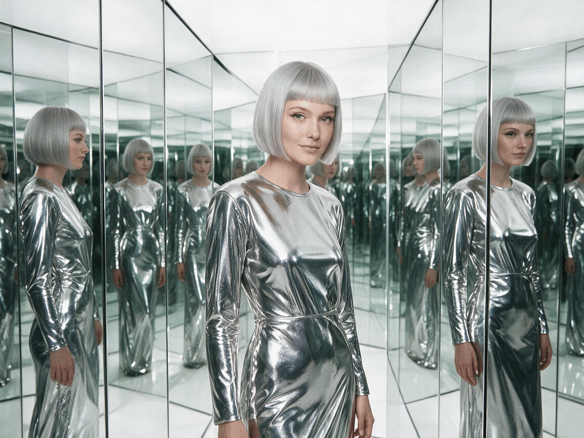 Silver-haired woman in an infinite mirror maze, made with Seedream 5.0 Pro