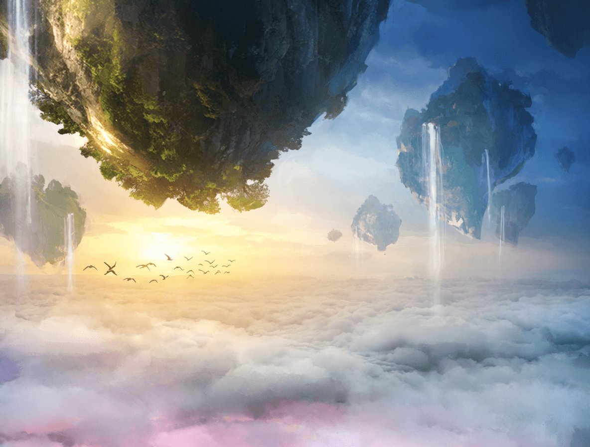 Floating forest islands above clouds at dawn, made with Krea V2 Large