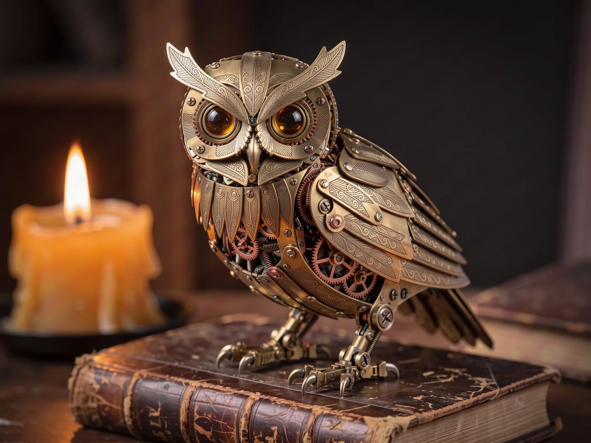 Ornate brass mechanical owl on an old book, made with FLUX 3