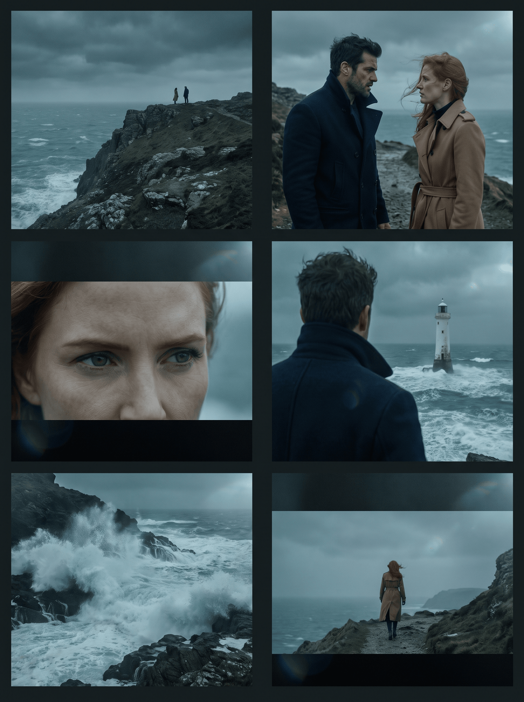 Six-frame storyboard of a coastal thriller scene on stormy sea cliffs
