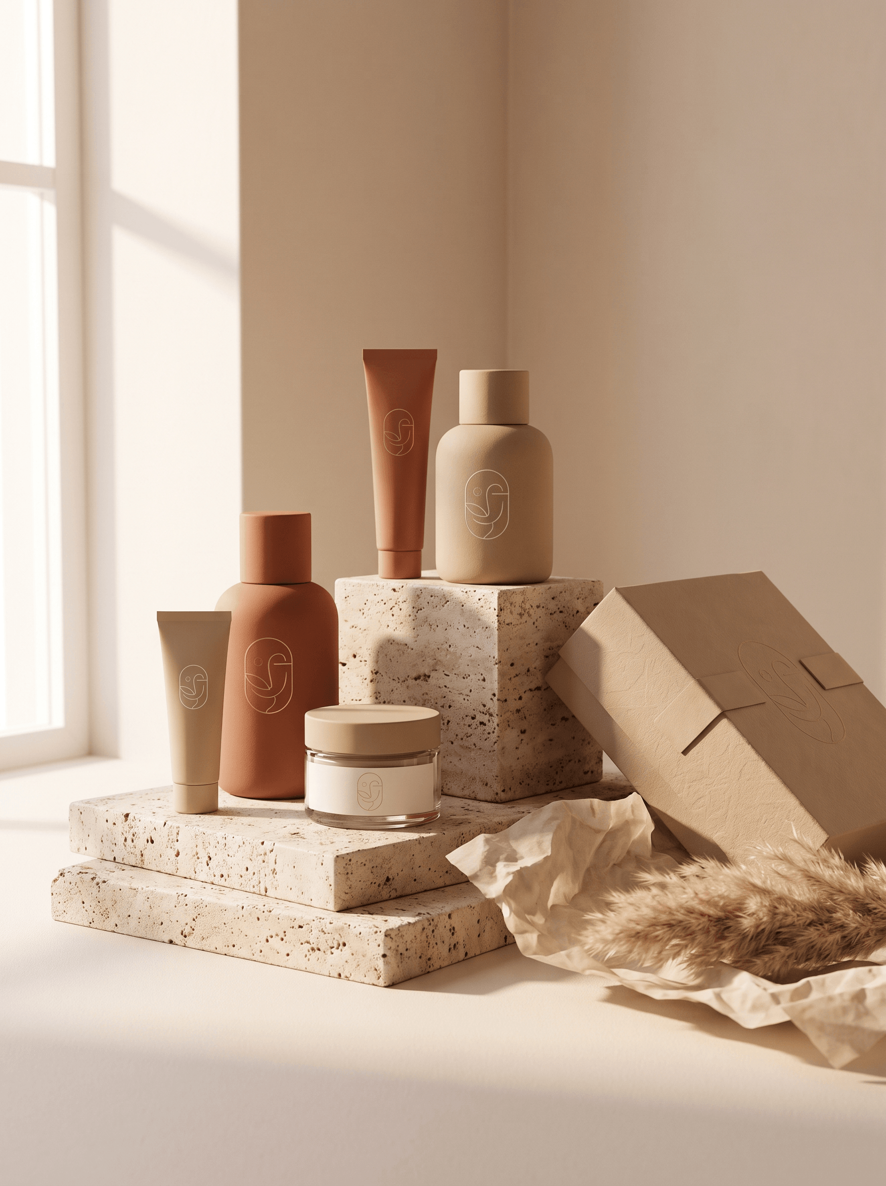 Skincare packaging design mockup on travertine stone