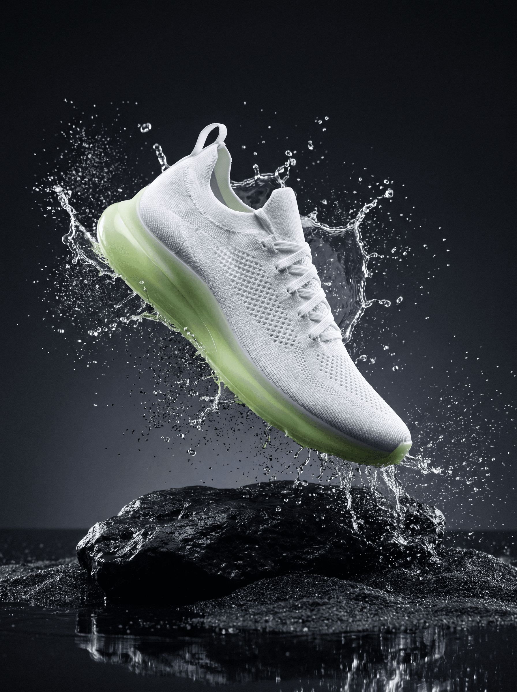 Running sneaker product shot with a water splash over volcanic rock