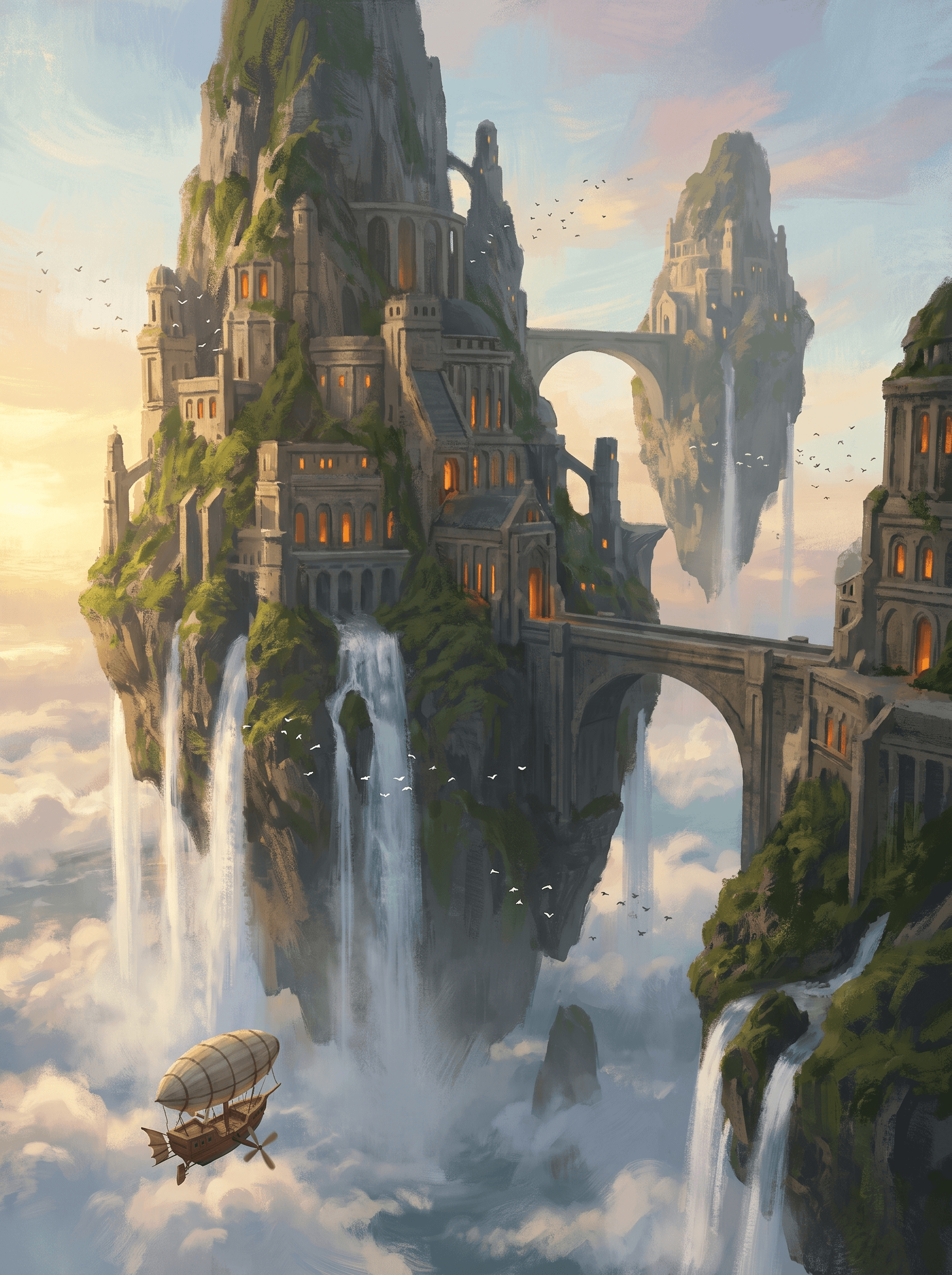 Painted concept art of a city on floating mountains above the clouds