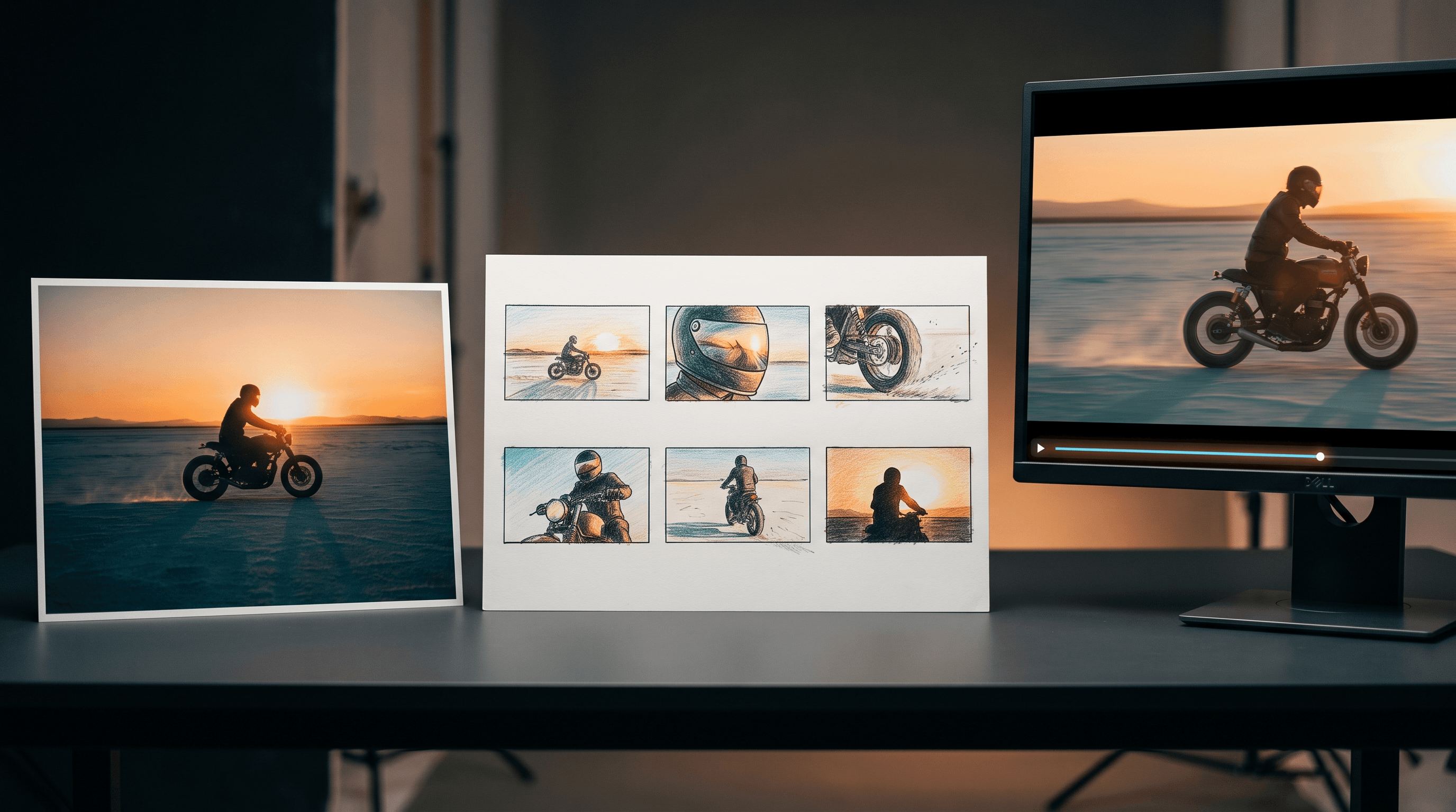 A photo, a storyboard sheet and a video frame of the same motorcycle scene