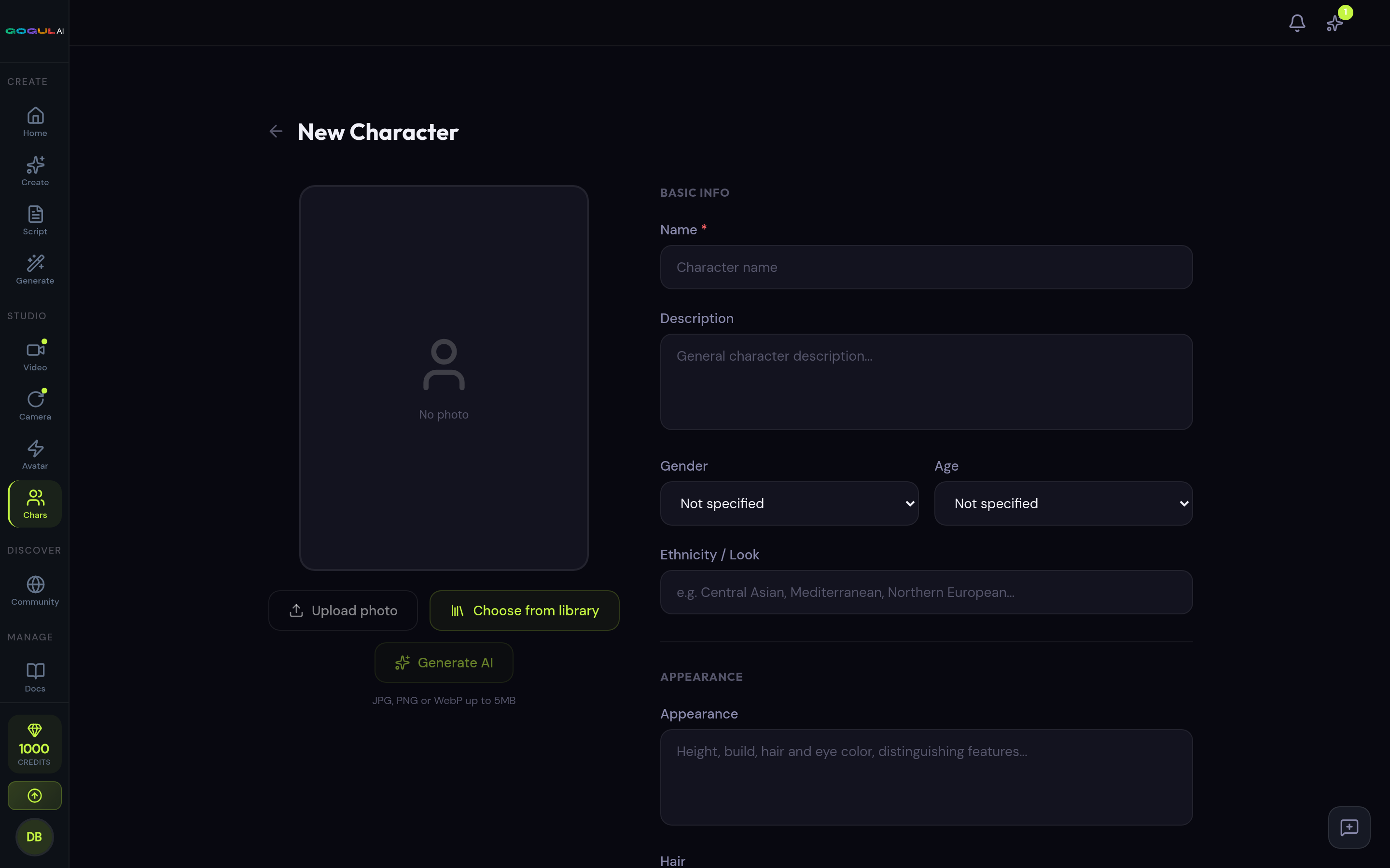 GOGUL new character page with photo upload and AI analysis of facial features, hair, and clothing