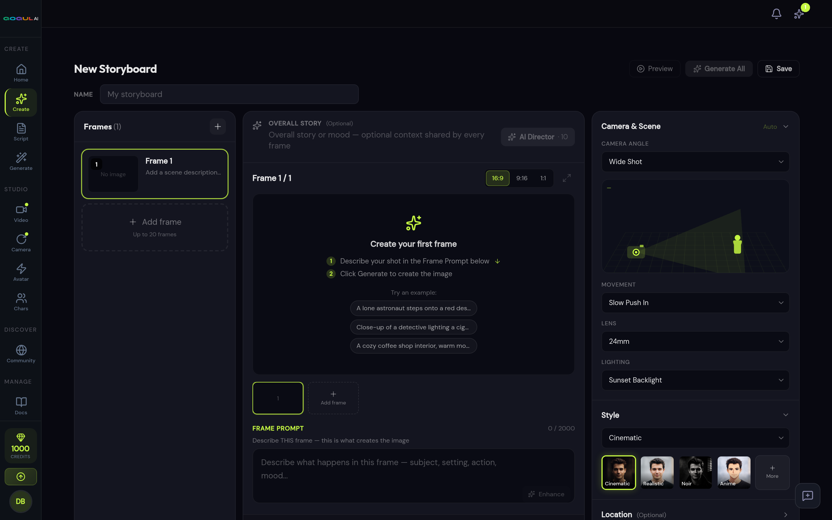 GOGUL Create page with script input, character selection, and model, style, and format settings