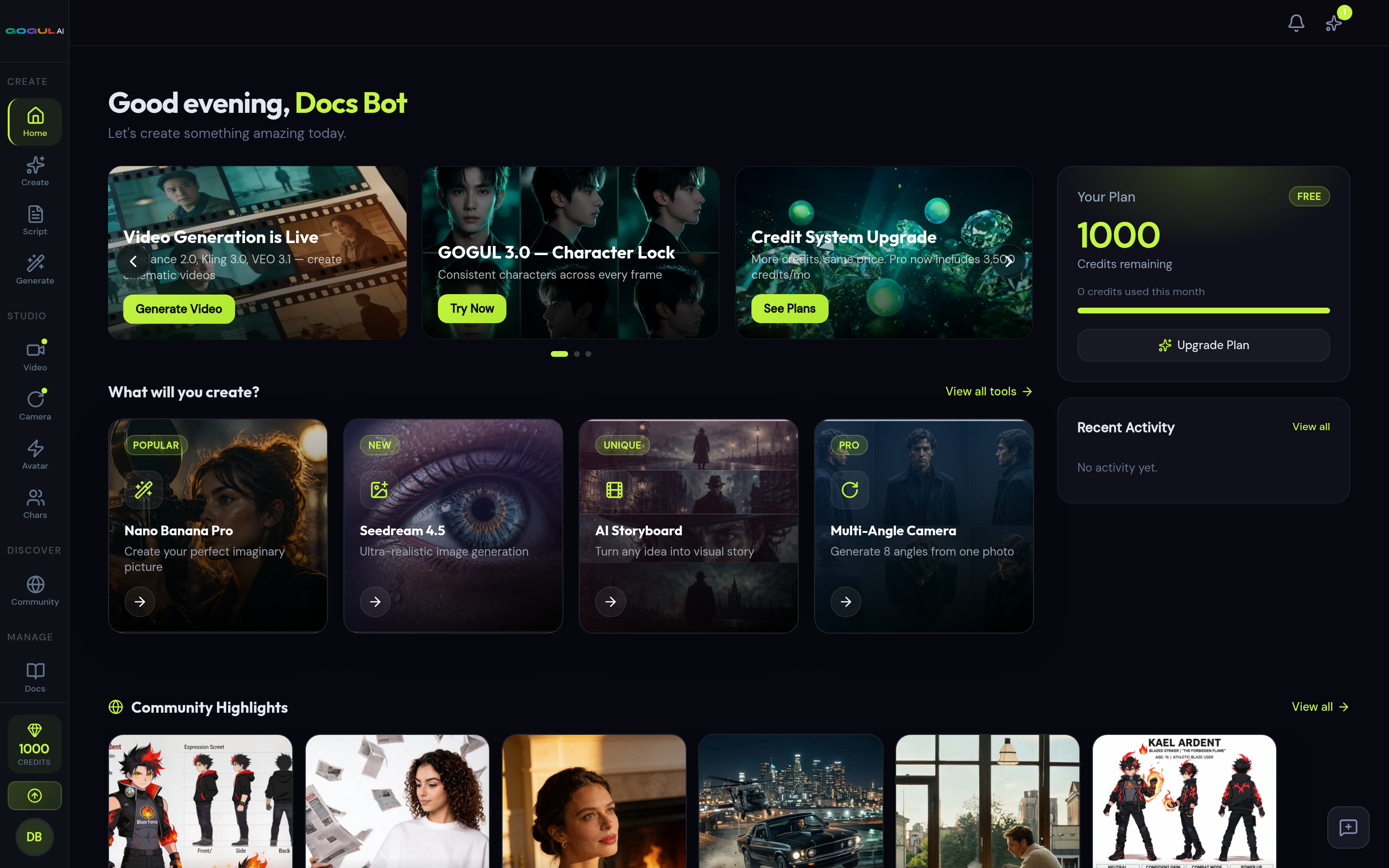 GOGUL dashboard showing the list of generated storyboards