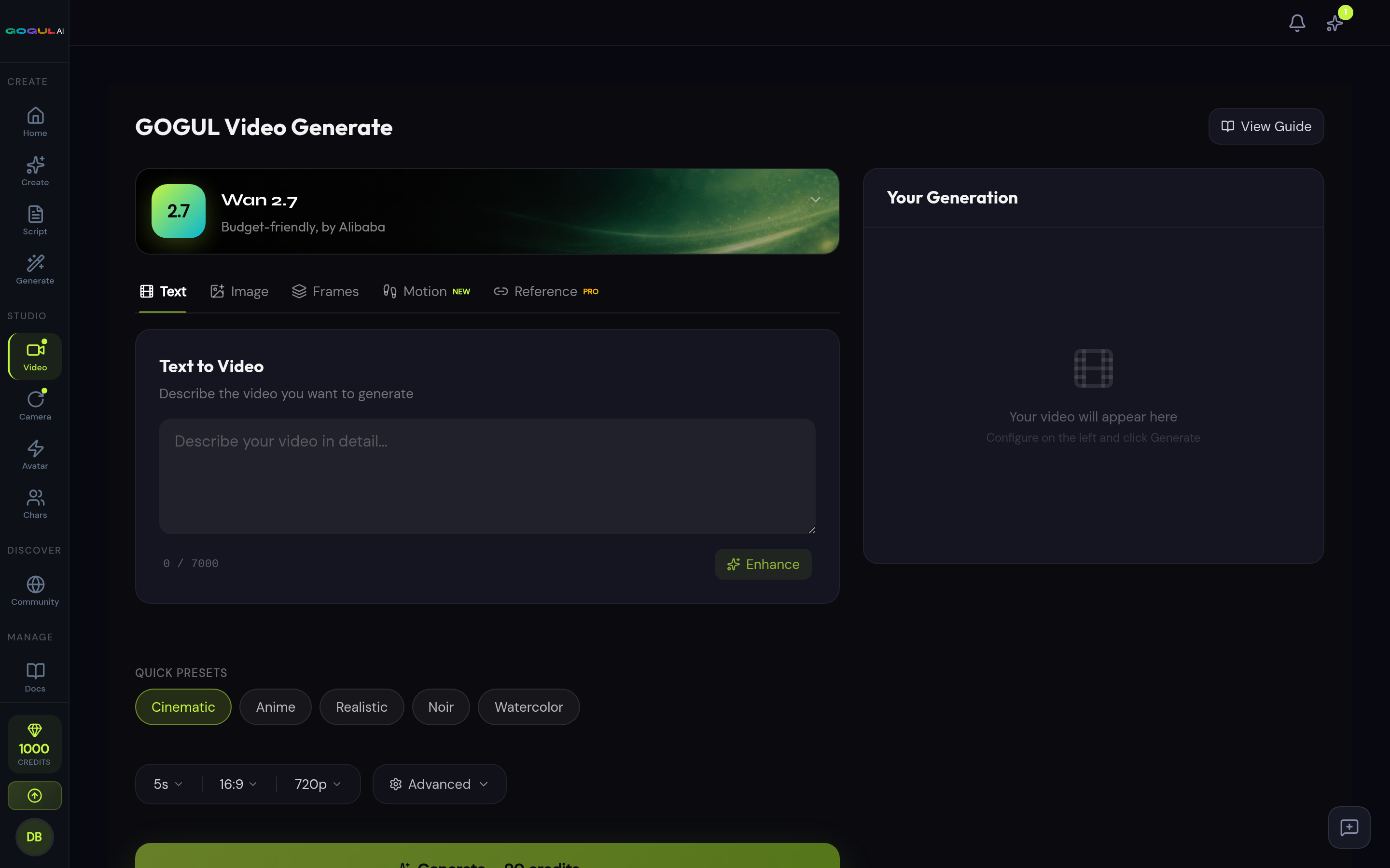 GOGUL Video Generator page with model picker (Wan, Kling, Seedance, Veo), prompt field, and generated clips